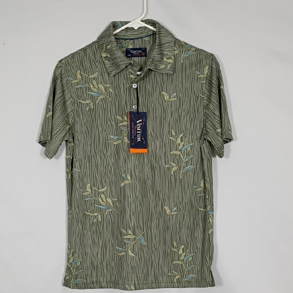 NWT Visitor Premium Sage Short Sleeve Pique Plant Print Polo Mens Size Small